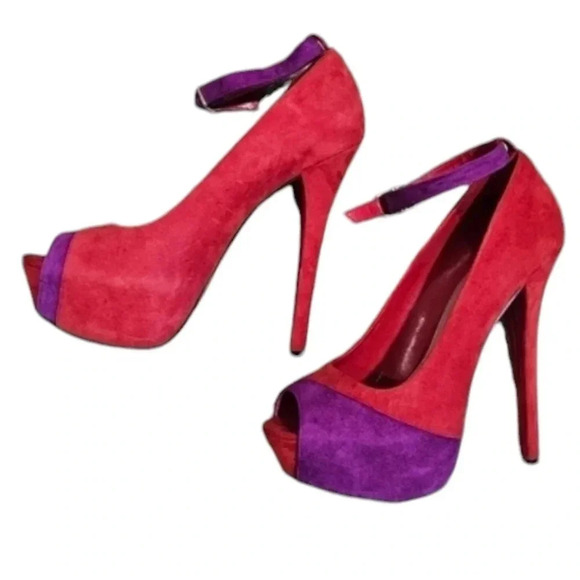 H by Halston Size 7 Red Purple Suede Peep Toe Ankle Strap 6" High Heels Retro - Picture 4 of 6